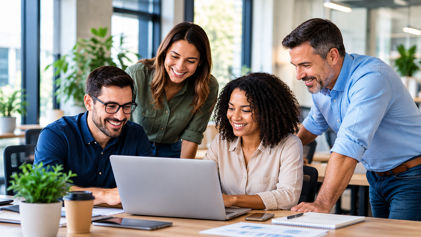 Four professionals collaborating around a laptop in a modern office